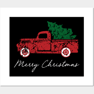 Merry Christmas Retro Vintage Red Truck Posters and Art